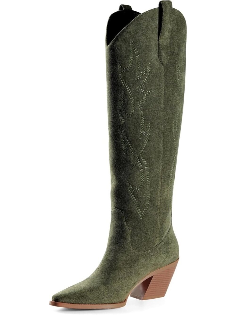 Women's Green Knee High Boots Pointed Toe and Block Heel Cowboy Suede Boots